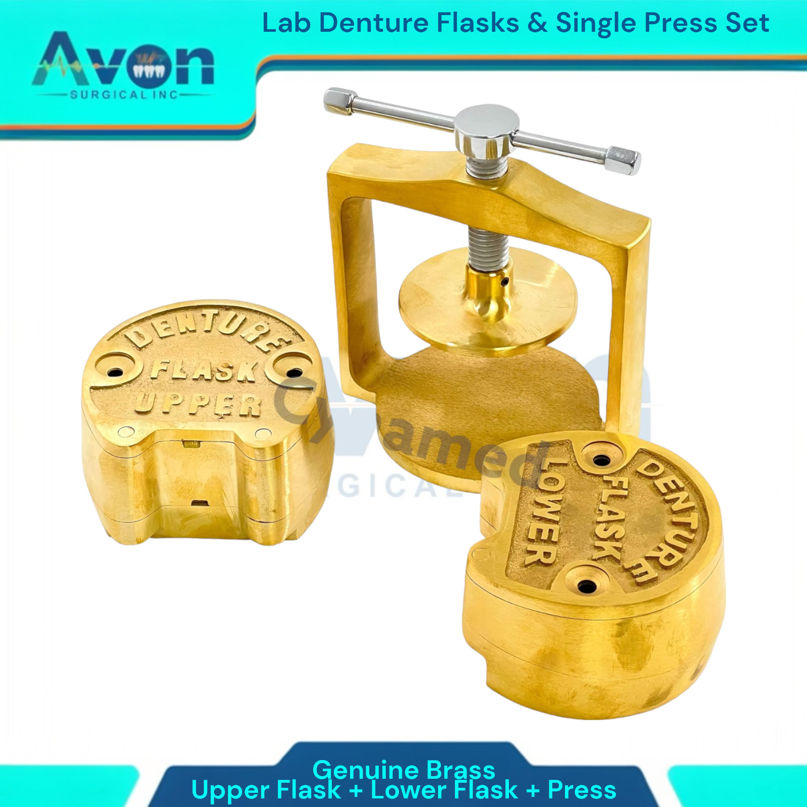 Set of 3 | Denture Compression Flask Press + Upper & Lower Flasks -Genuine Brass