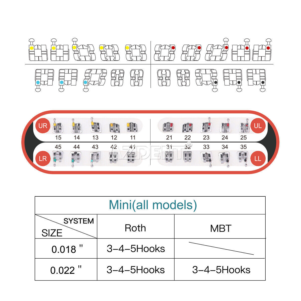 20pcs Dental Orthodontic Monoblock Brackets MIM Mini Roth MBT 022/018 Hooks 345