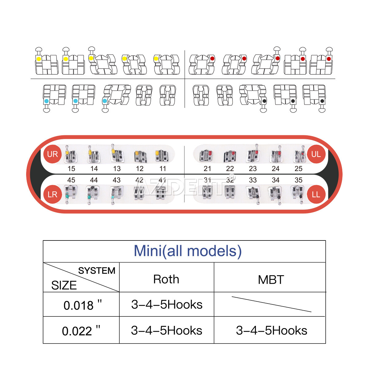 AZDENT Dental Orthodontic Bracket Braces Mini Slot MBT Roth .022/.018 Hooks 345