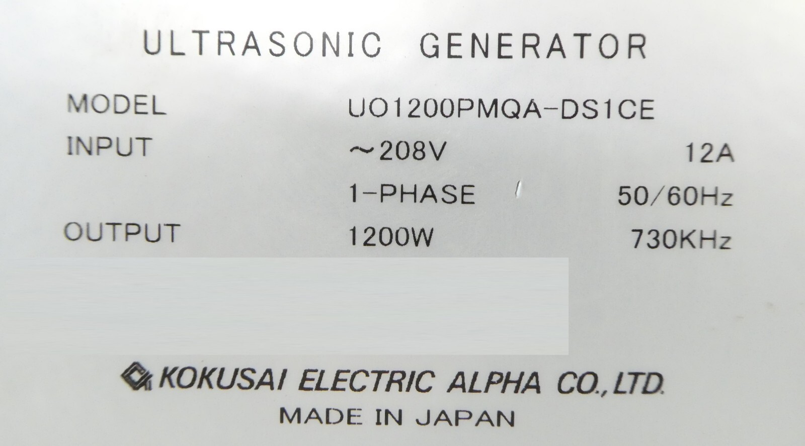 Kokusai Electric U01200PMQA-DS1CE Ultrasonic Generator Mikro Sonic Working