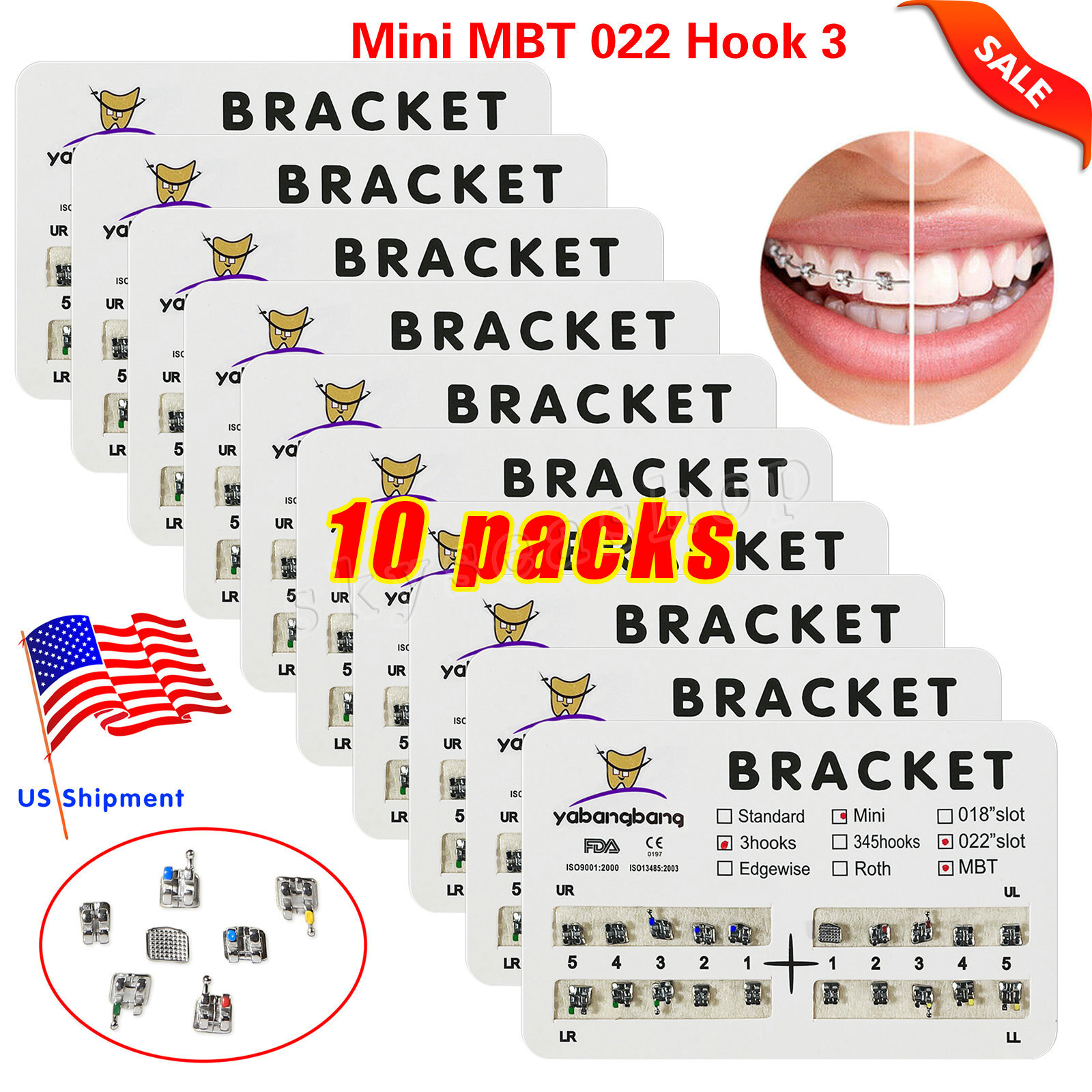 10 Packs Dental Orthodontics Metal Mini MBT 022 Slot 3 Hook Brackets Braces 4#