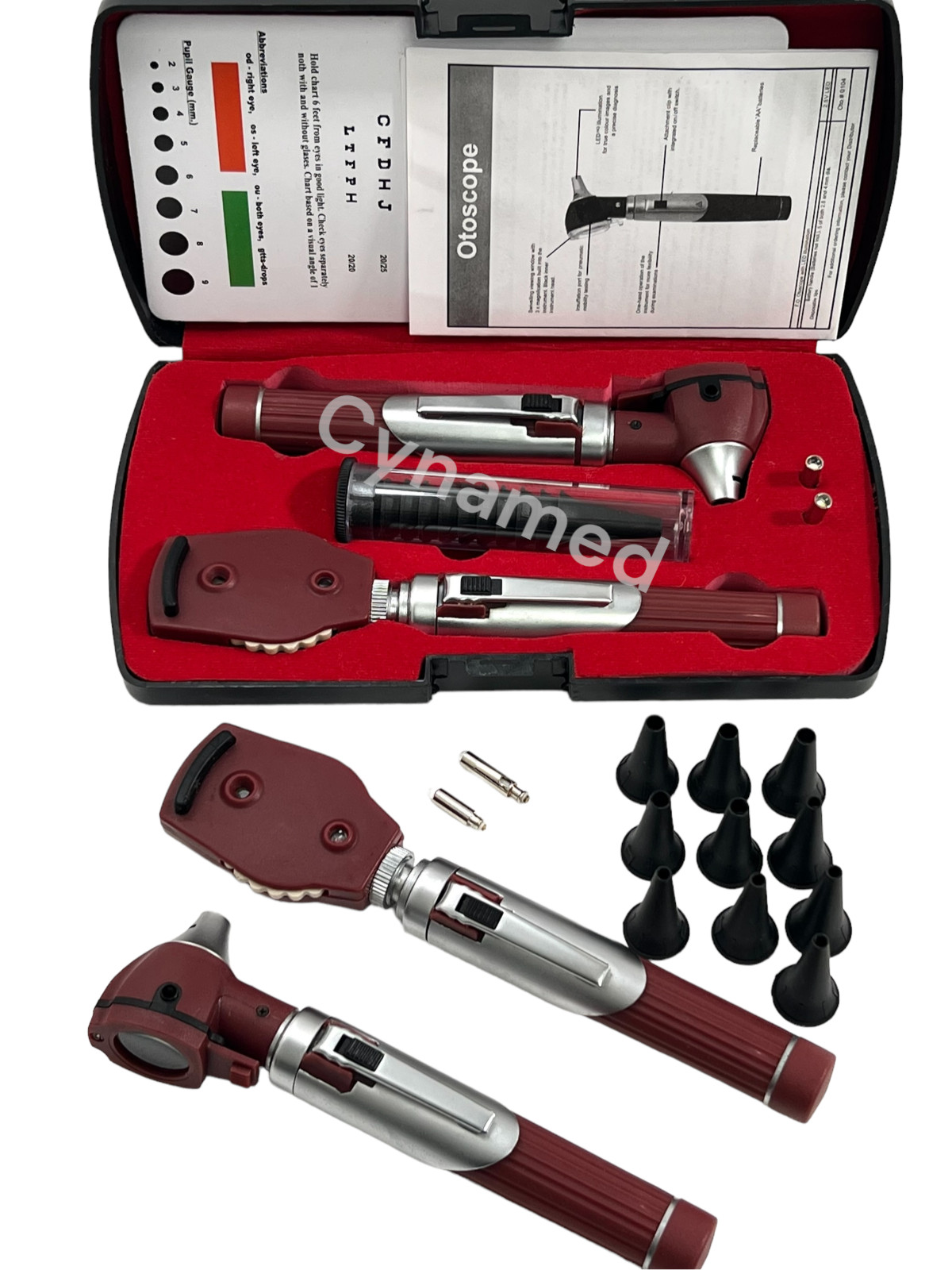 FIBER OPTIC Otoscope Ophthalmoscope Examination LED Diagnostic ENT SET-Burgundy