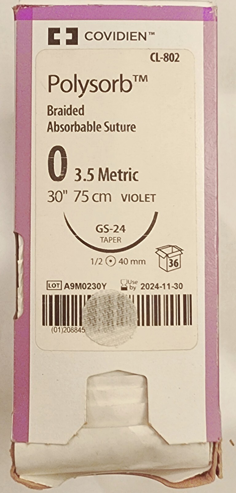 Covidien POLYSORB CL-802, Undyed, Size 0, GS-21 EXP 11/2024 Total 34