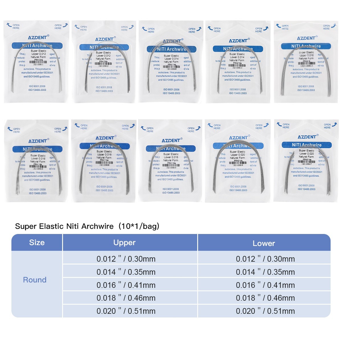 AZDENT Dental Ortho Super Elastic Niti Round Arch Wires Reverse Curve 10 Sizes