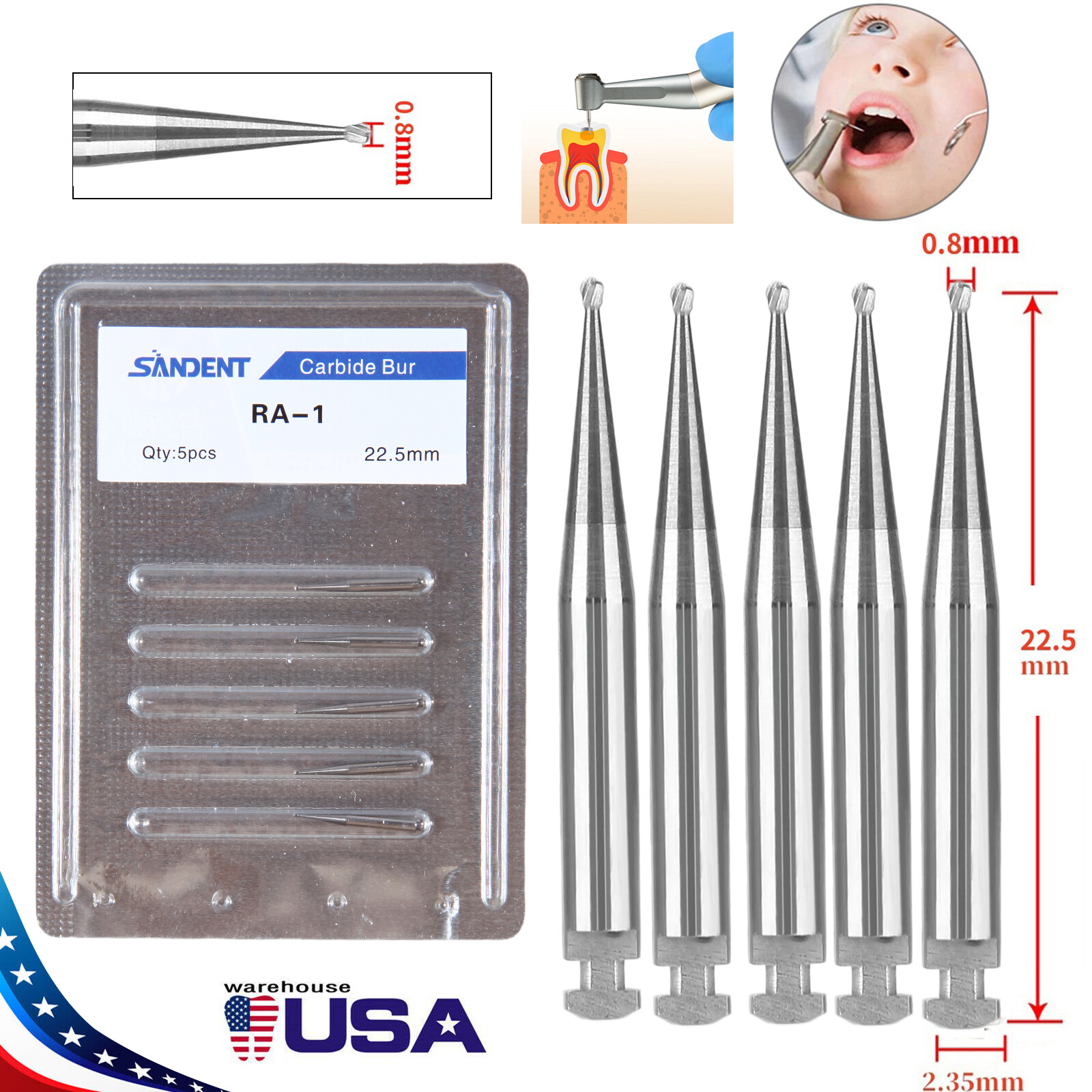 5Pcs/Pack Dental Round Carbide Bur For Slow Low Speed Latch Type RA1-RA8 po