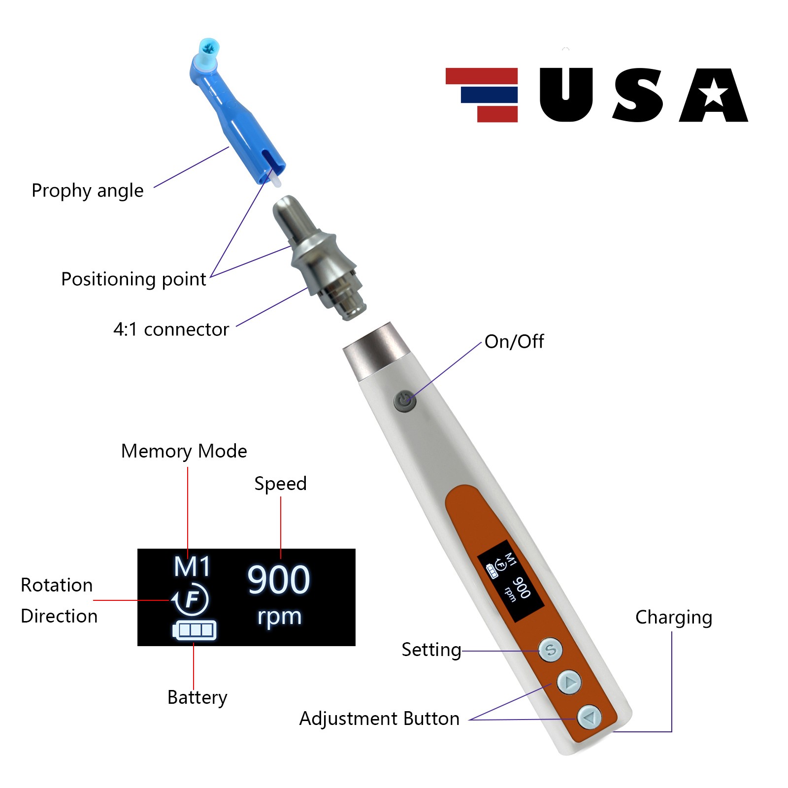 Portable Dental Cordless Hygiene Prophy Teeth Polishing Handpiece + 2 Angles