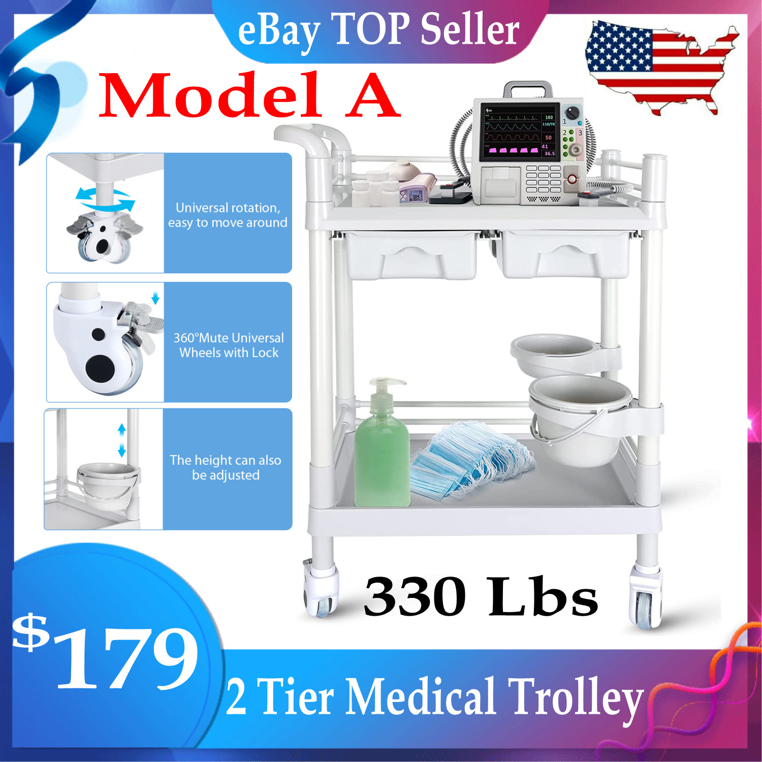 3 Tiers Stainless Steel Medical Cart Mobile Lab Trolley Hospital Utility 110LBS