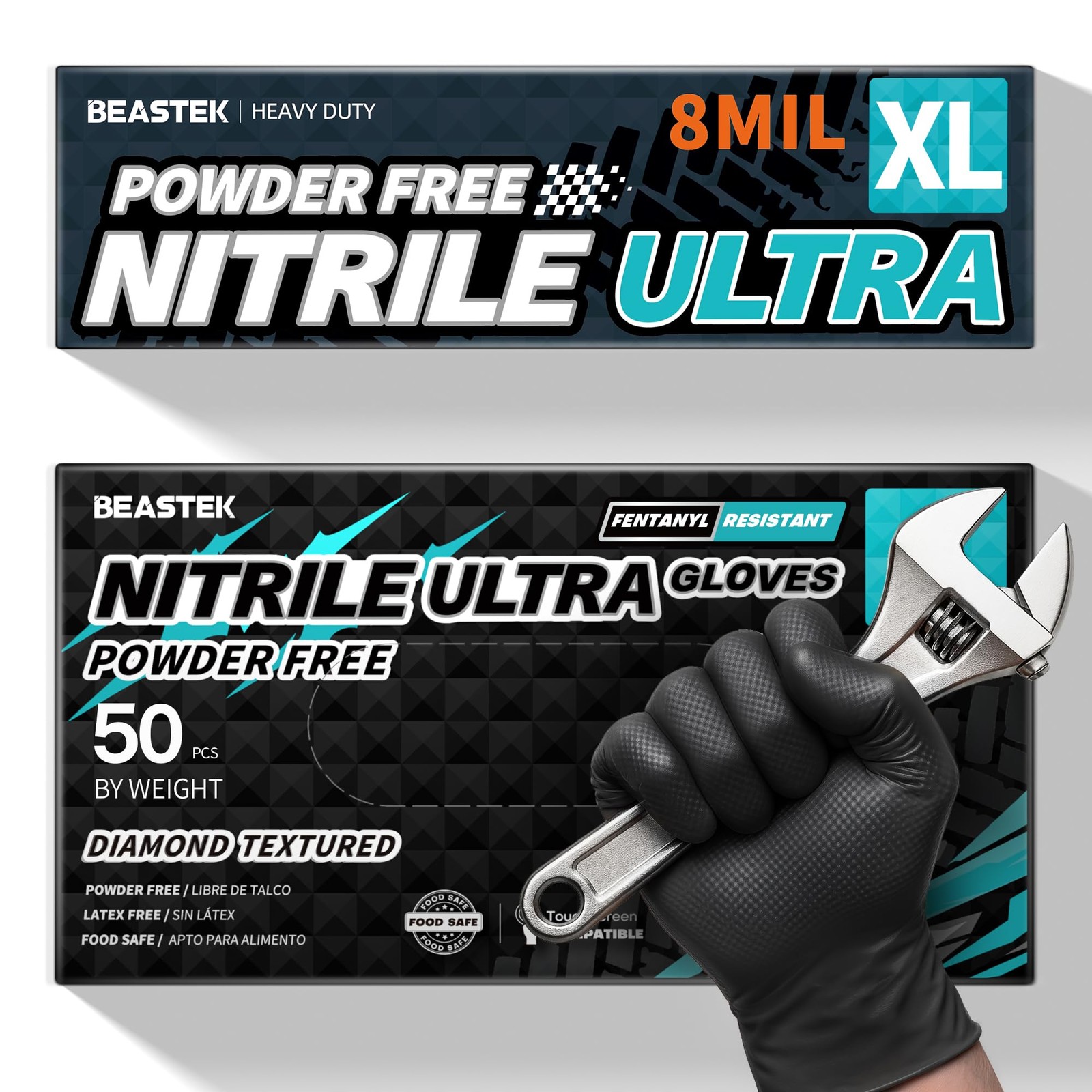 Beastek Nitrile Disposable Gloves, 8 Mil Powder Free X-Large, X-large (Black)