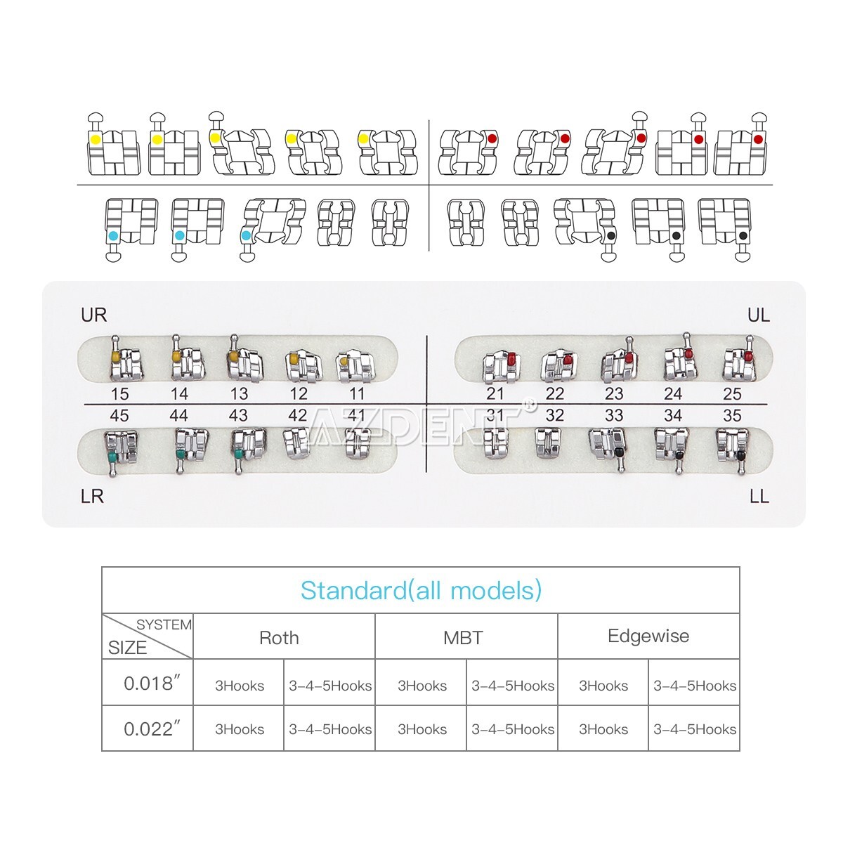 10 X AZDENT Dental Orthodontic Bracket Brace Standard Roth Slot.022 Hooks 3-4-5
