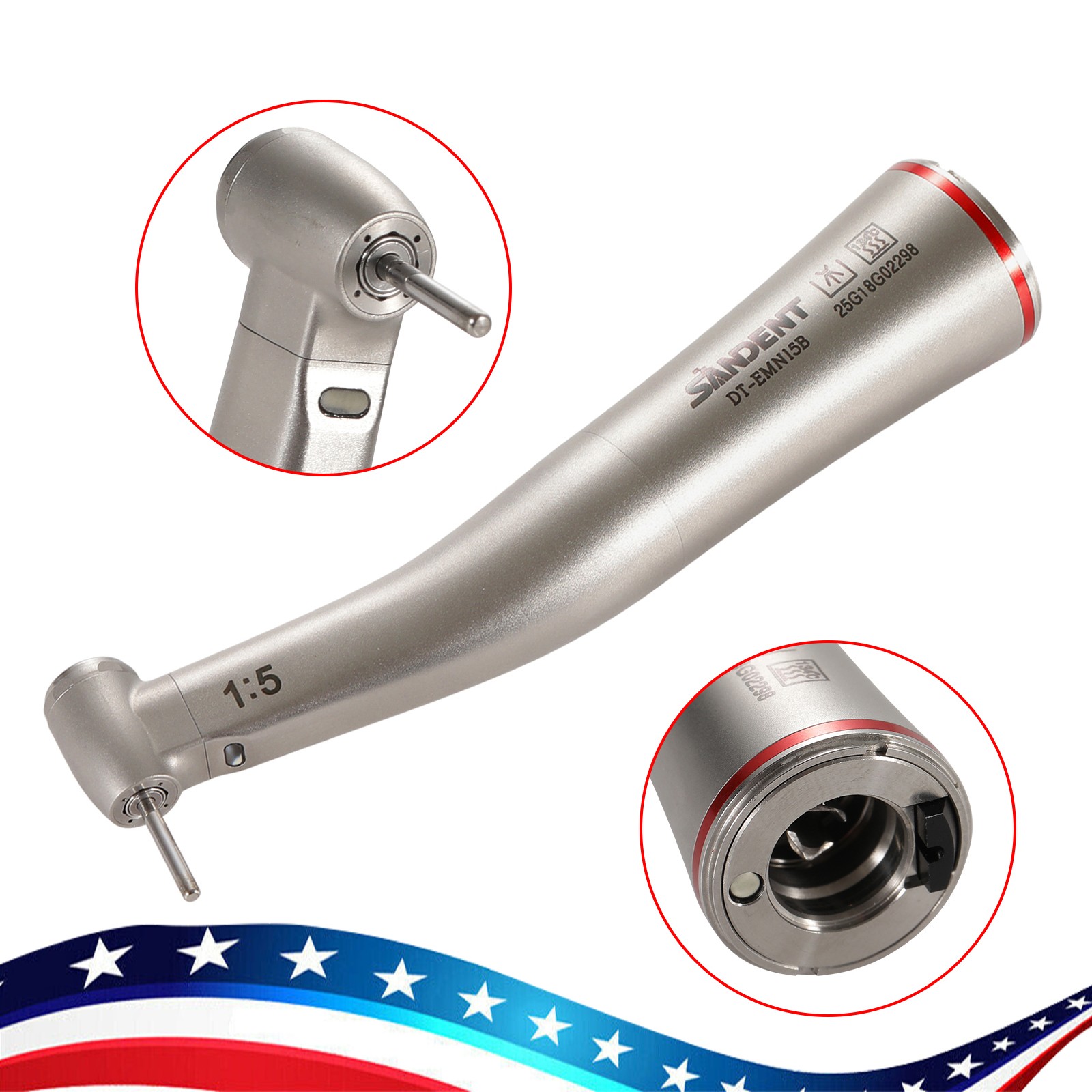 Dental 1:5 Contra Angle FG1.6mm LED Fiber Optic Handpiece MINI Inner Spray UPS H