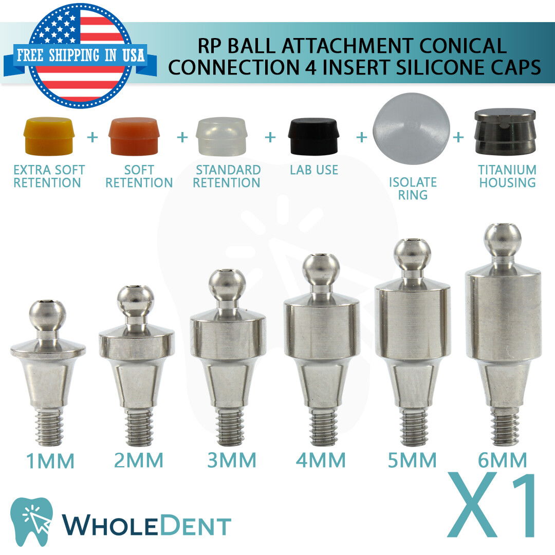 RP Conical Ball Attachment Abutment 4 Insert Silicone Caps Dental 2.65mm Hex