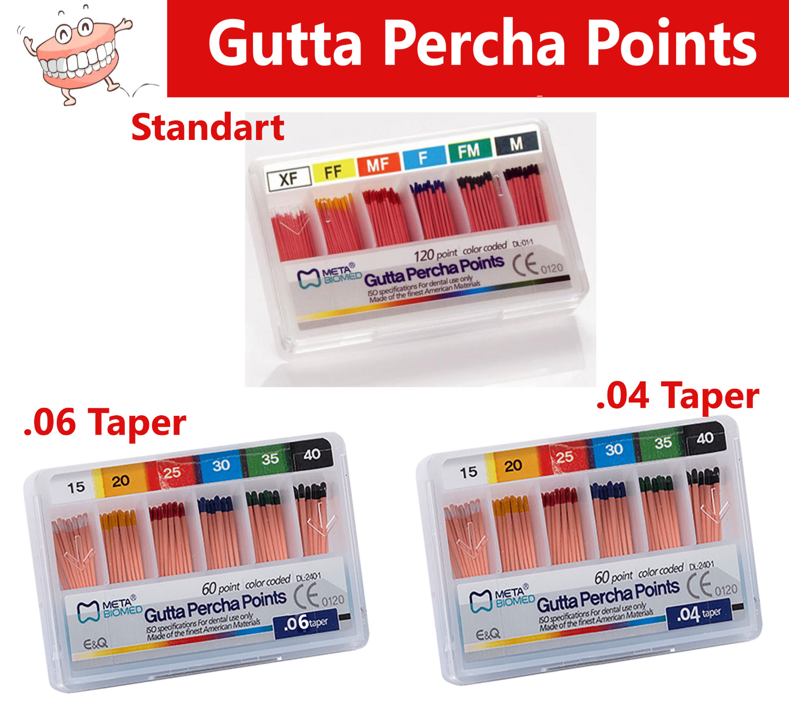 GUTTA PERCHA POINTS Taper 0.4 or 0.6, or Standart Taper, All Sizes Dental Meta