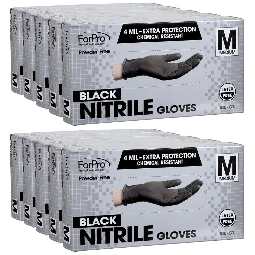 ForPro Nitrile Gloves Chemical Resistant PowderFree Black Medium 1000Count