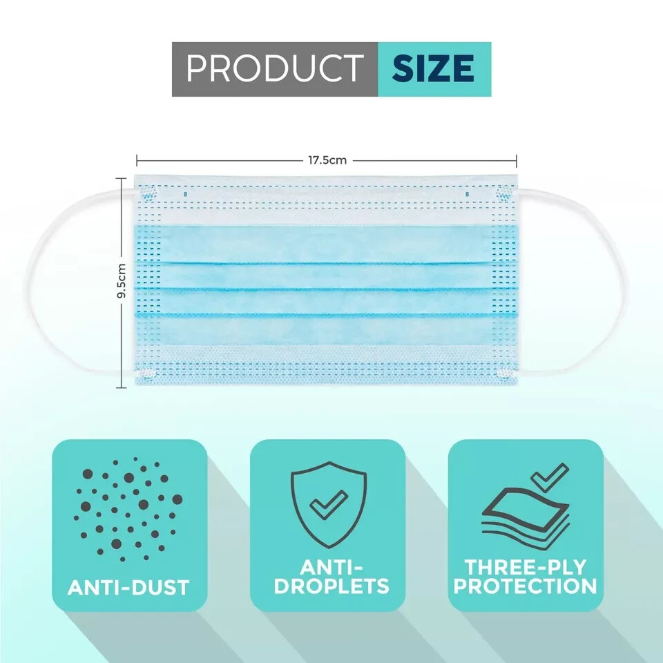 50/100 Pcs Blue Disposable Face Cover 3-Ply Filter Breathable Earloop Masks