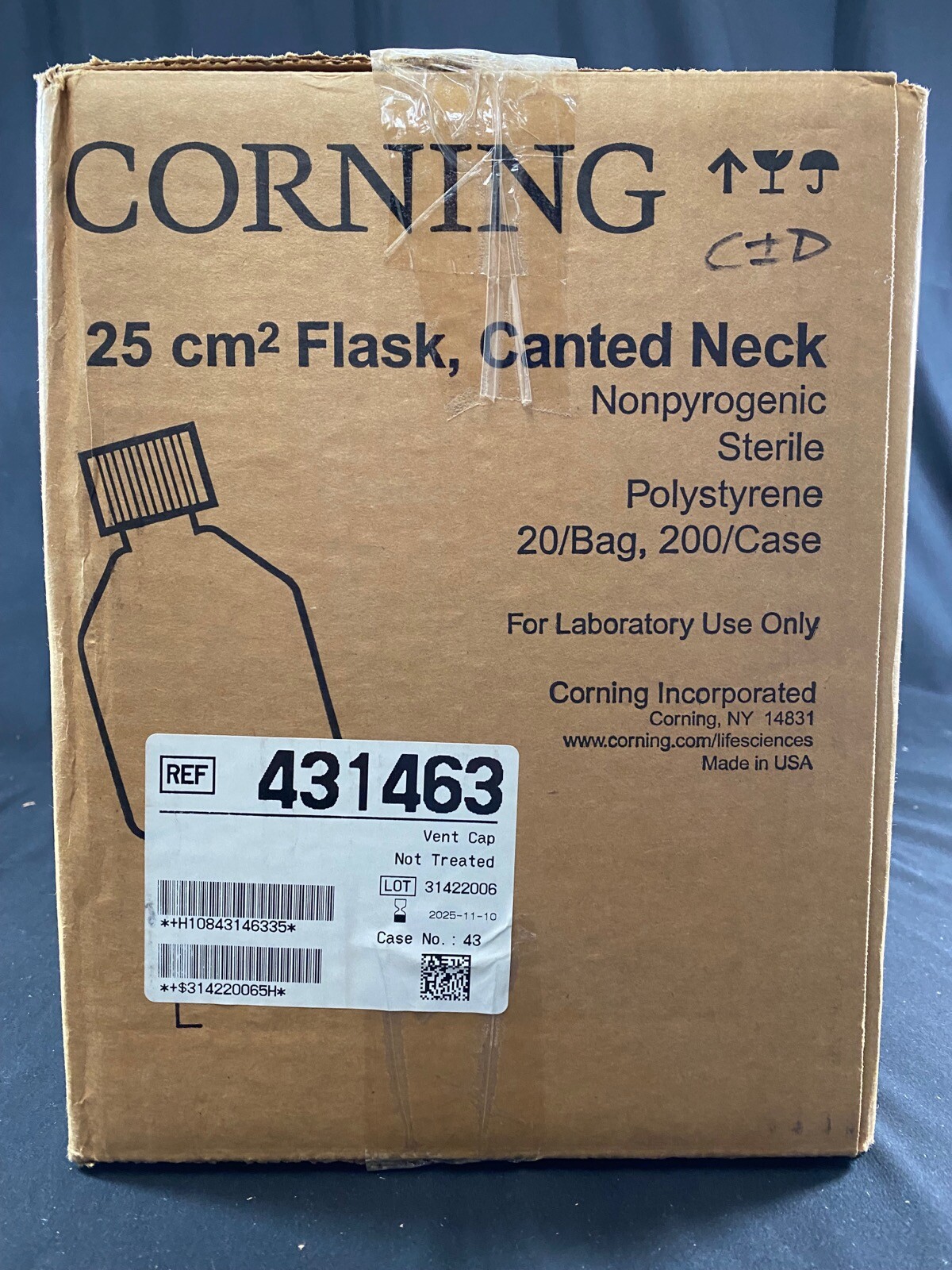 CORNING 25cm2 Rectangular Canted Neck Flask Vent Cap Sterile 431463 (200/cs)