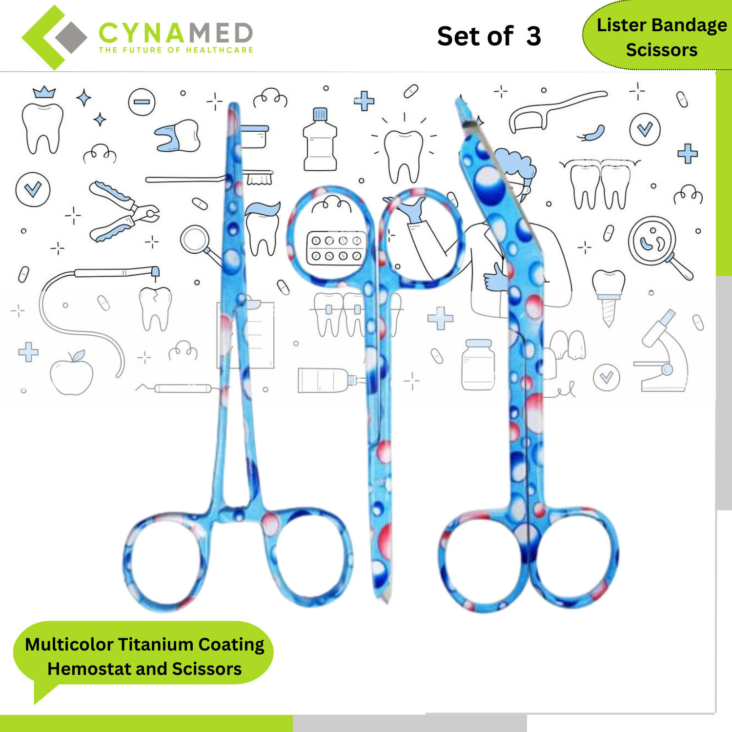Cynamed Stainless Steel Multicolor Titanium Coating Hemostat and Scissors 3 Pcs