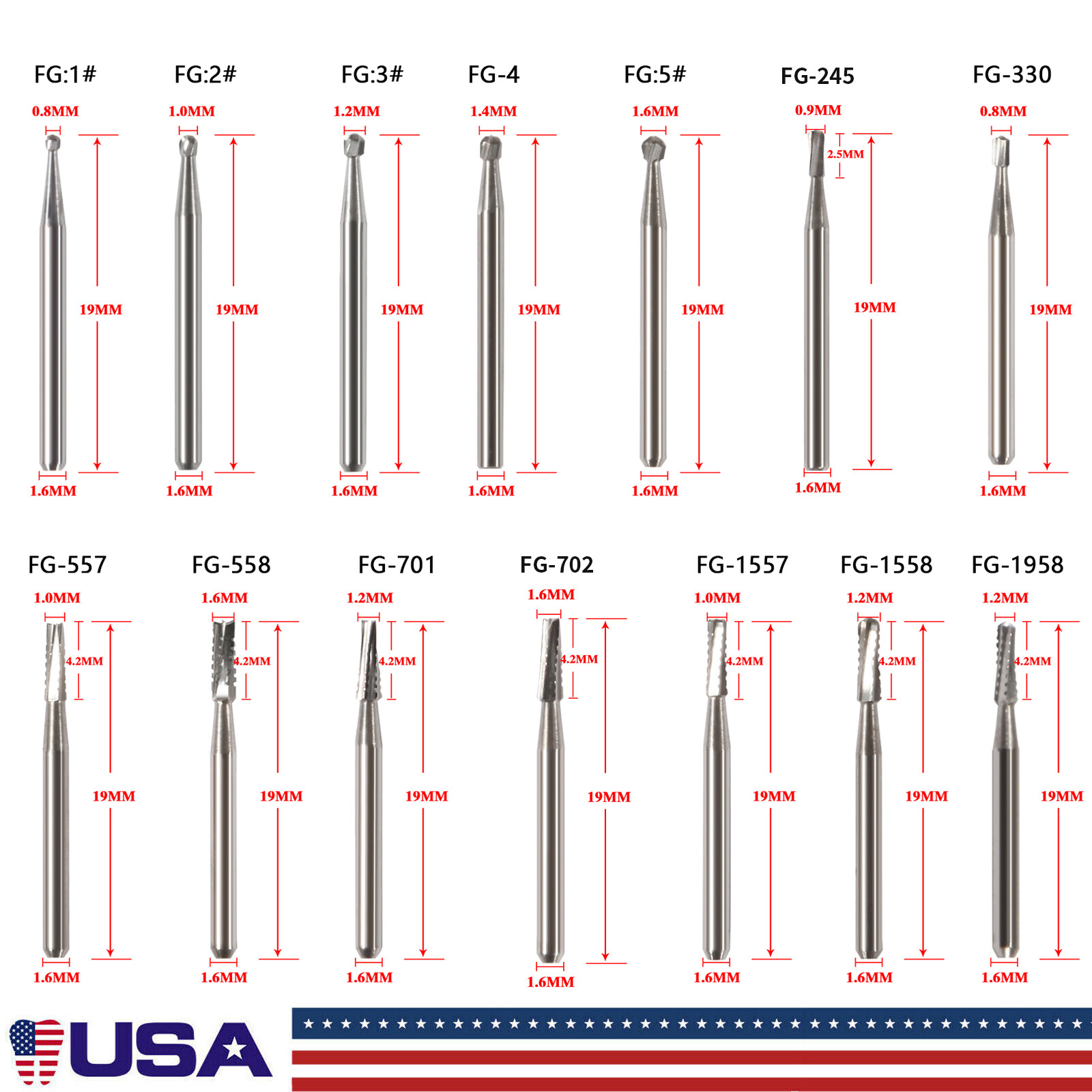10-100pcs Dental Round Carbide Tungsten Bur FG Burs For High Speed Handpiece