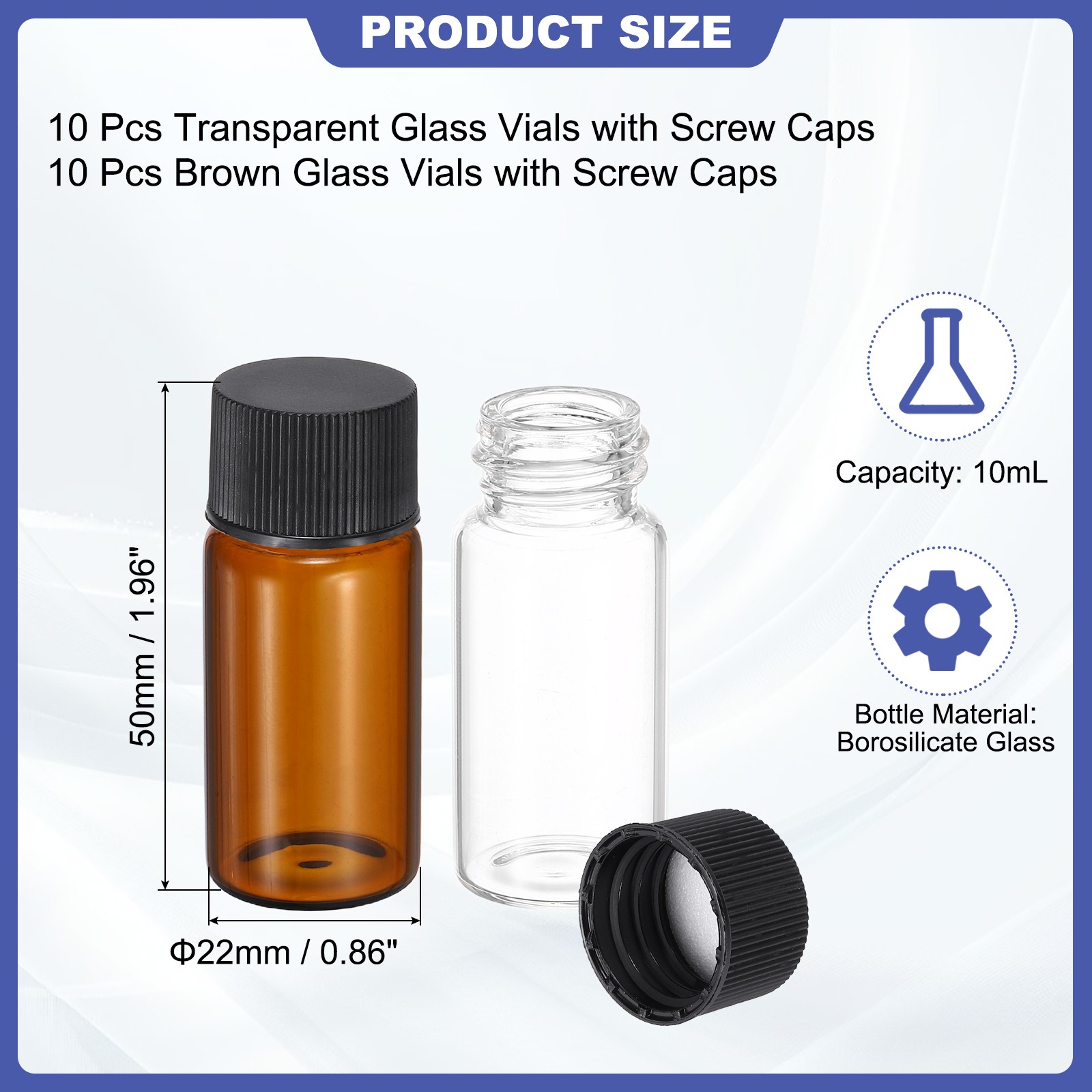10ml Glass Sample Vials, 20Pcs Sample Vials with Screw Cap, Transparent/Brown