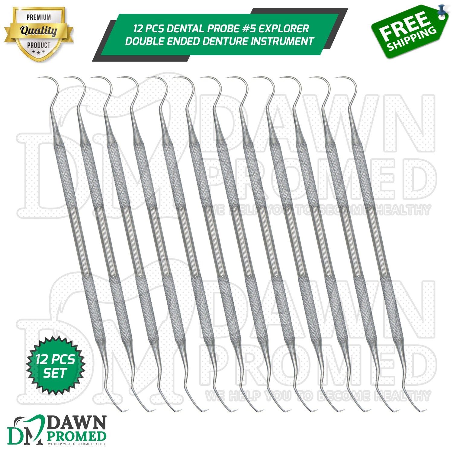 12 Pcs Dental Probe #5 Explorer Double Ended Denture Instruments German Grade