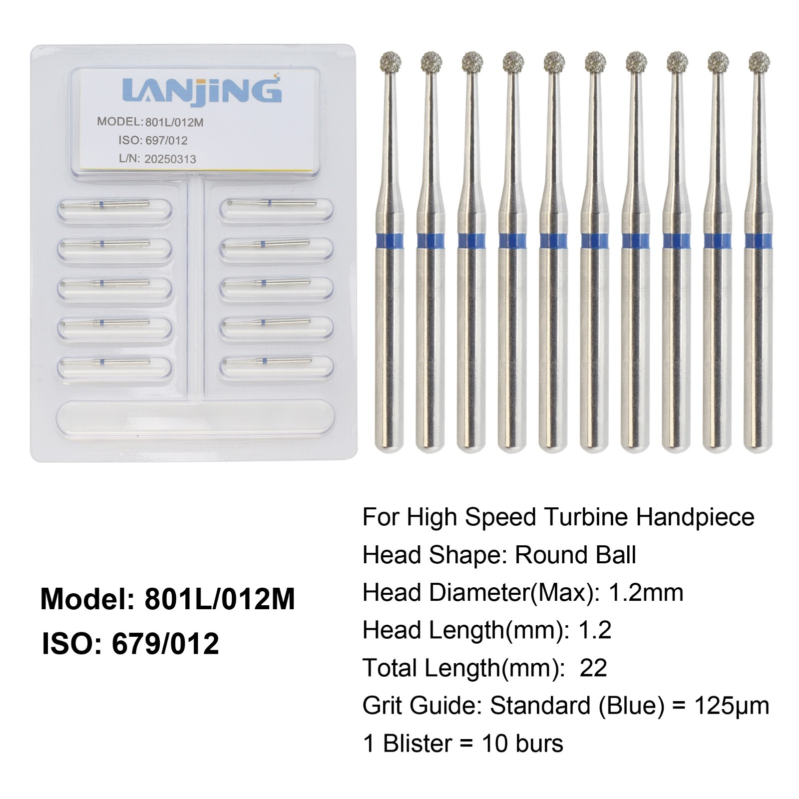 Dental Diamond Burs Round Ball Surgical Bur FG Coarse Fine Long High Speed 801