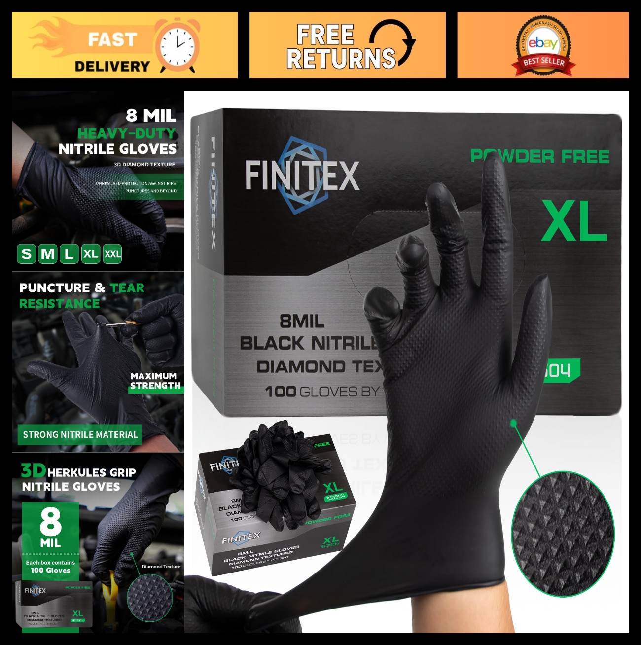Industrial Diamond Texture Nitrile Gloves – 100/1000PCS, Chemical Resistant, 8mi