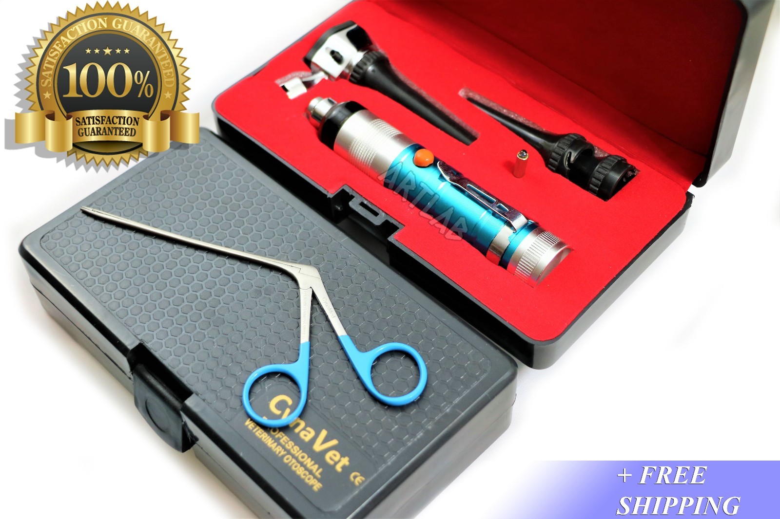 NEW! ANIMAL DIAGNOSTIC SET-VETERINARY OTOSCOPE + ALLIGATOR FORCEPS-BLUE HANDLE