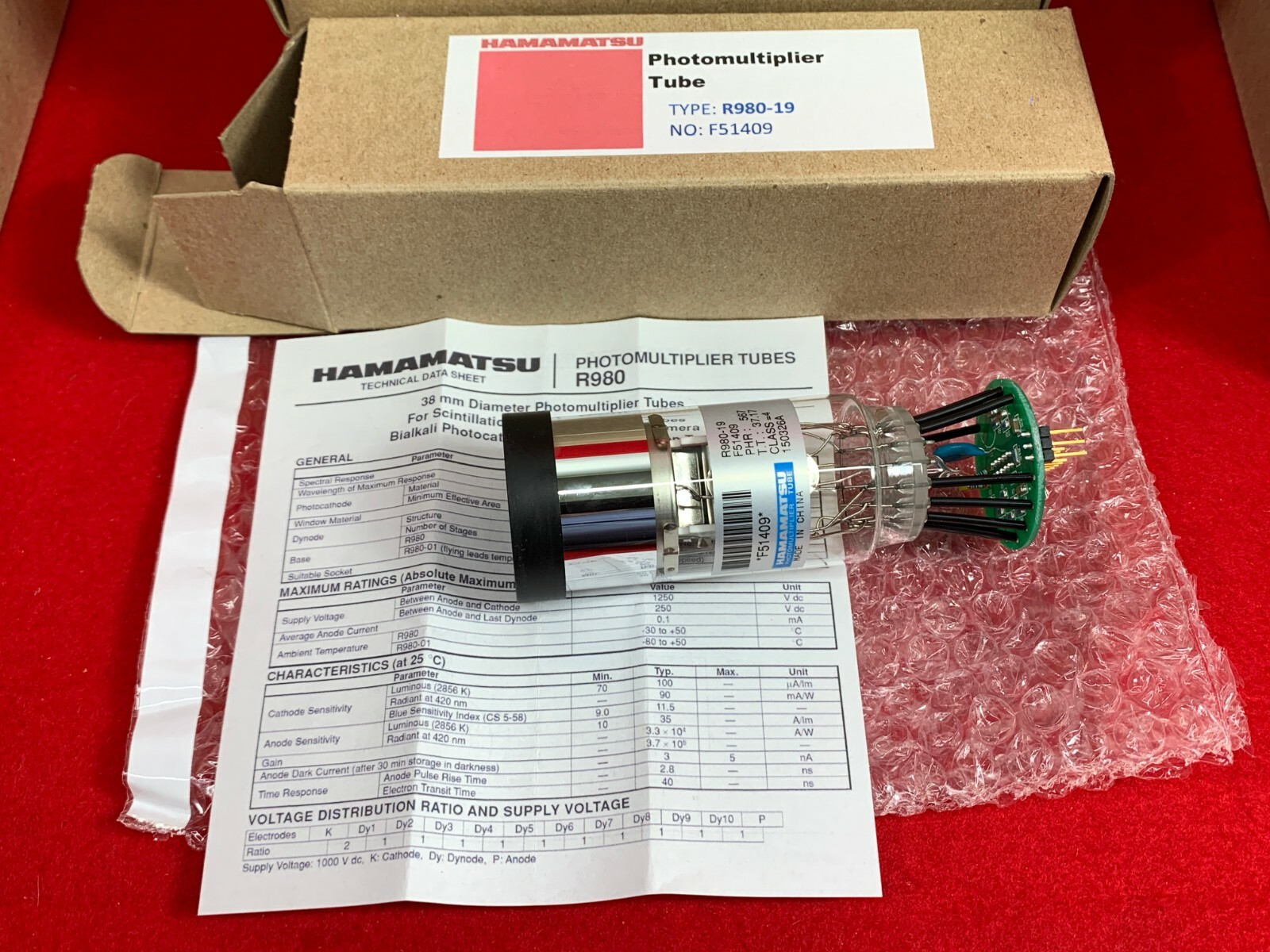 HAMAMATSU R980 -19 Photomultiplier Tube 1-1/2″ (38mm) PMT Detector Spectroscopy