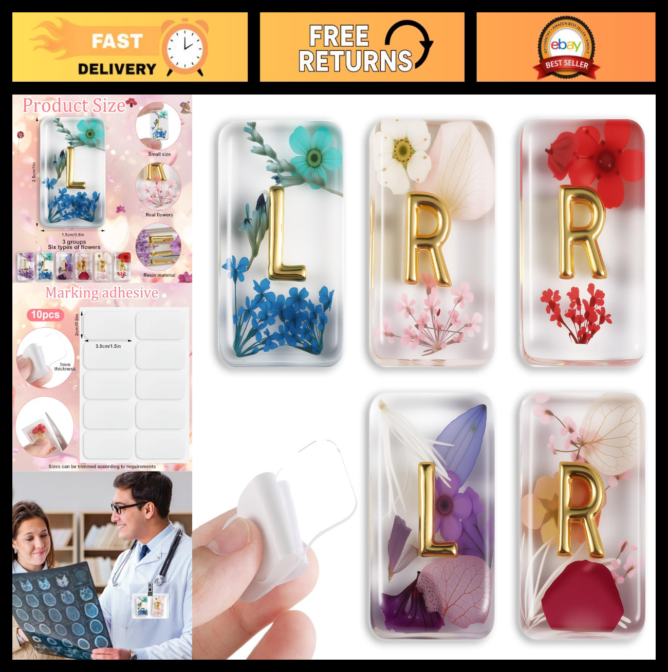 6-Piece X-Ray Markers Set, Flower Resin with L & R Letters, Adhesive Strips, Reu