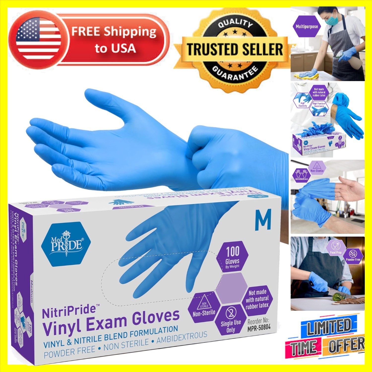 Ambidextrous Waterproof Nitrile/Vinyl Gloves – Medium, Box of 100, Powder-Free