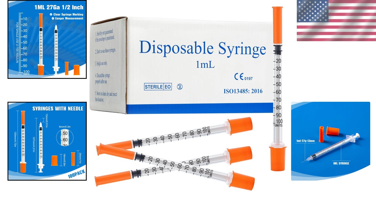Lab Syringe 1ml 27G 1/2 Inch Plastic Dispensers 100 Pack Individually Sealed