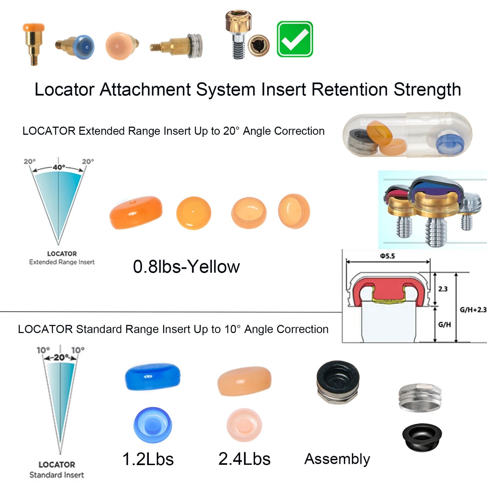 US Overdenture Locator Abutment Removable Male Cap Inserts Standard/Extended Set