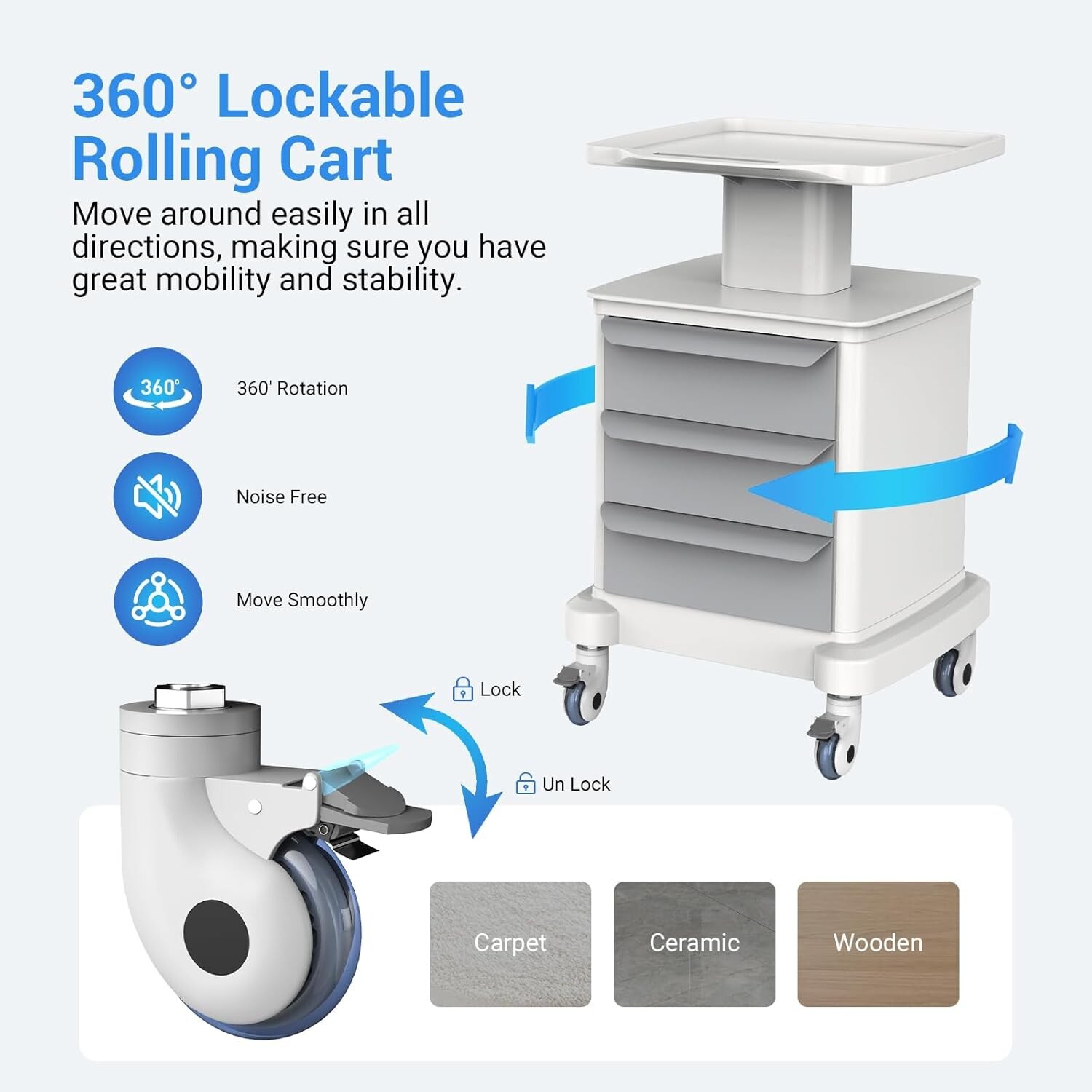 4 Tiers Medical Cart with Wheels & Drawers Mobile Ultrasound Cart Rolling Dental