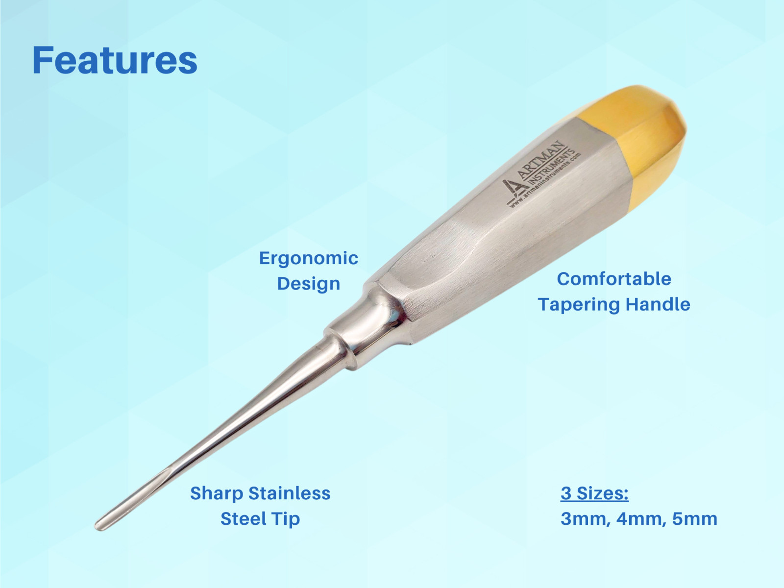 Straight Dental Root Extraction Elevators 3mm 4mm 5mm Set of 3 ARTMAN