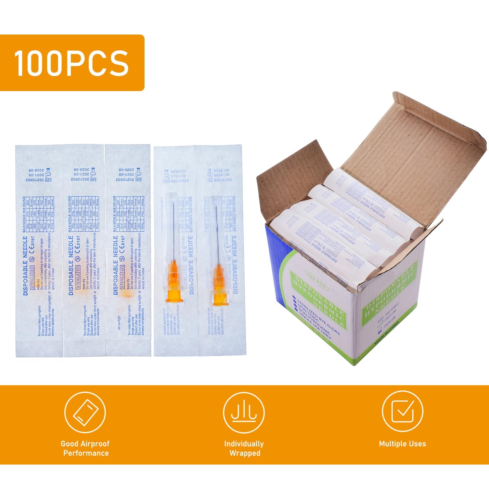 100Pack 25 Gauge 1/2 Inch Lab Needdles, Disposable Luer 25G-1/2”, 100 Pack
