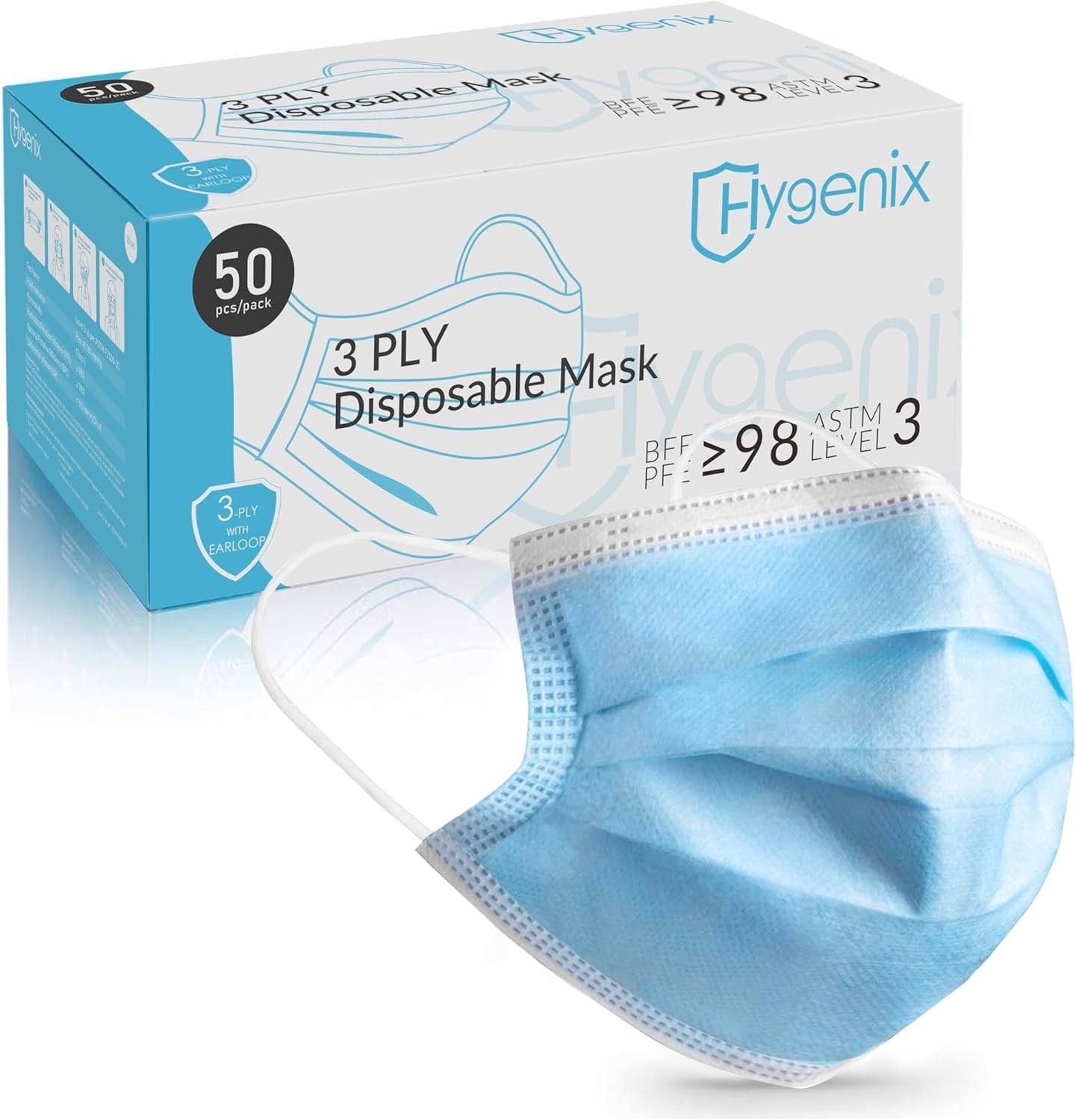 FDA Cleared ASTM Level 3 Masks USA 3-Ply Ear Loop 50 Pack 98% Filter