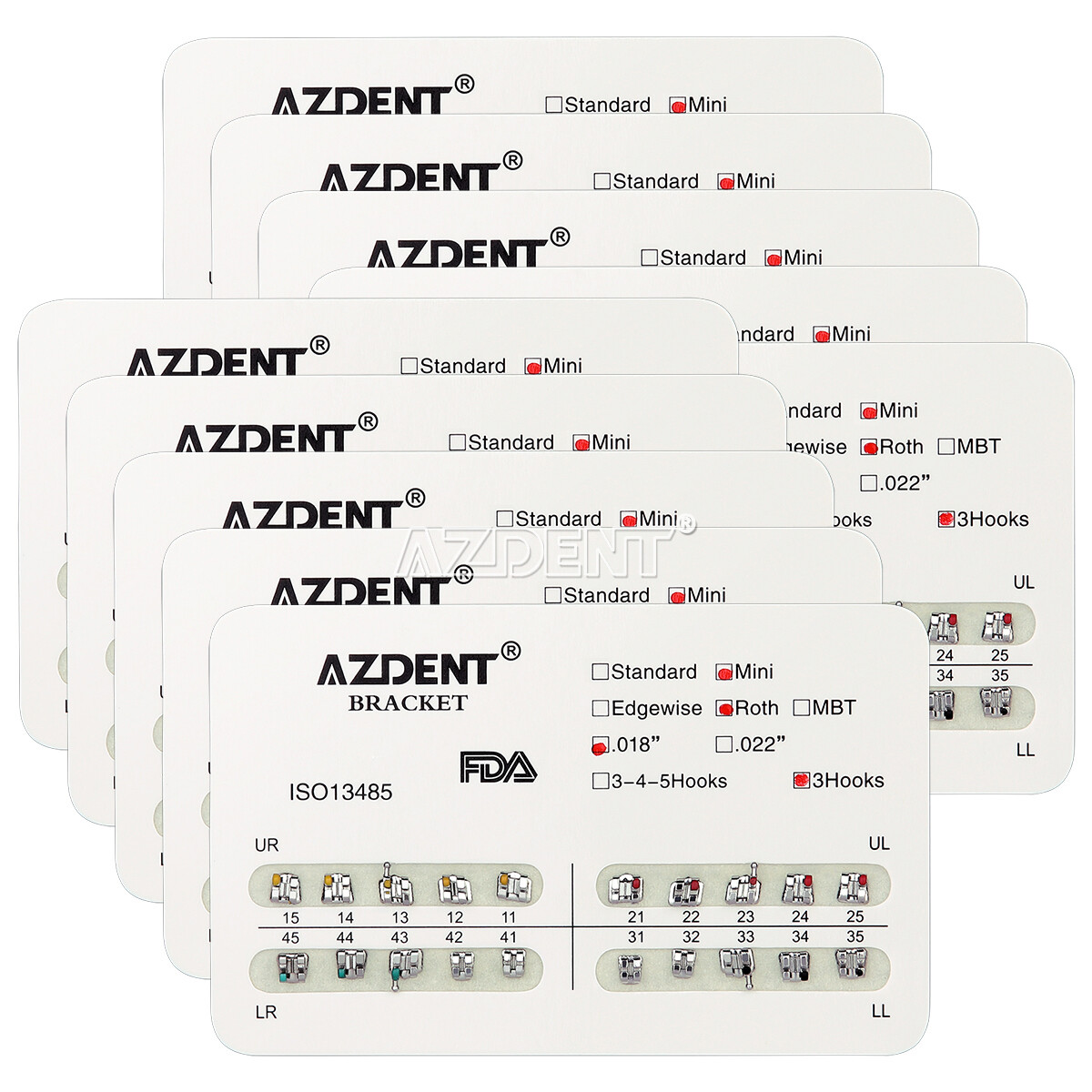 AZDENT Dental Orthodontic Brackets Mini/Standard Roth/MBT 018/022 Hooks 3/345