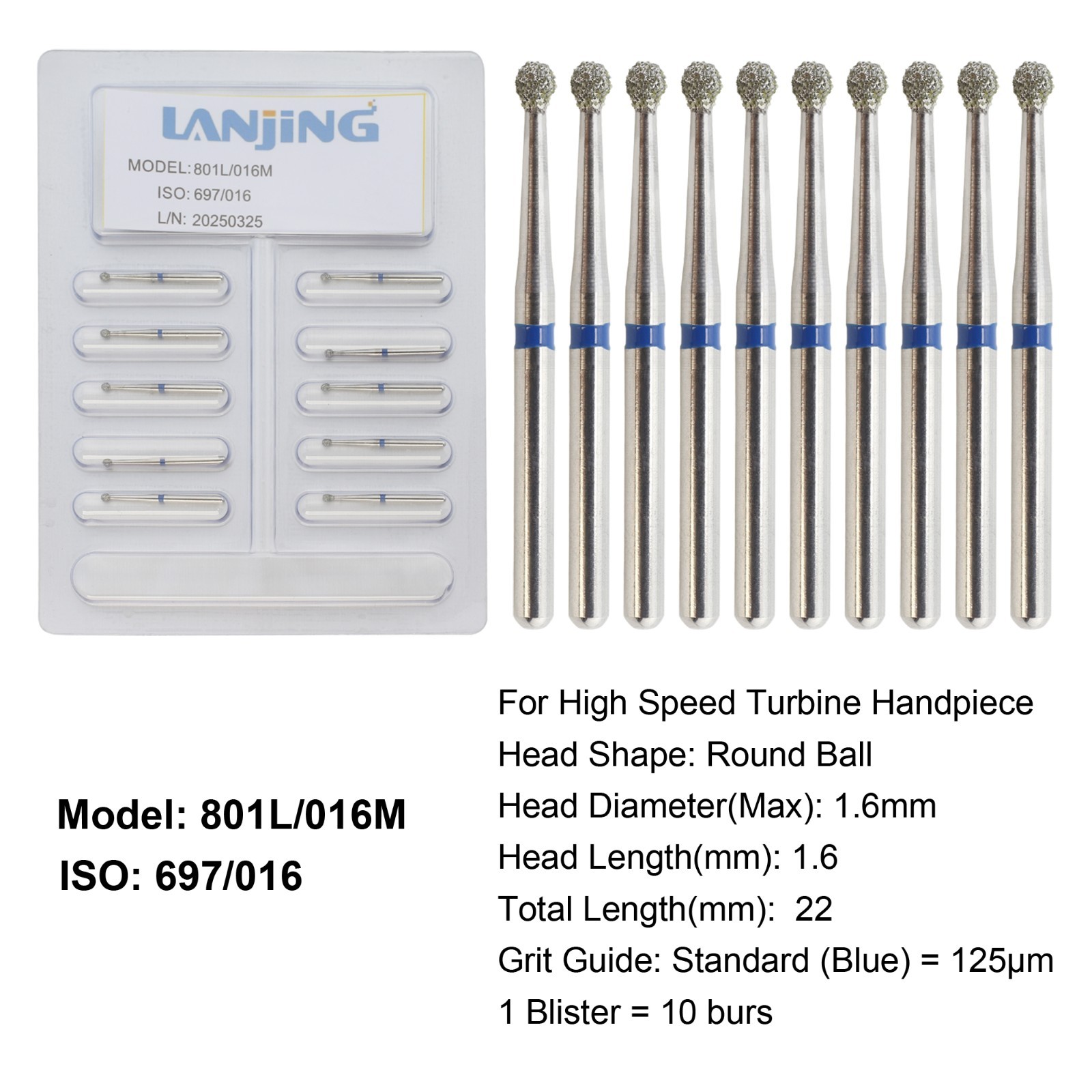 Dental Diamond Burs Round Ball Surgical Bur FG Coarse Fine Long High Speed 801