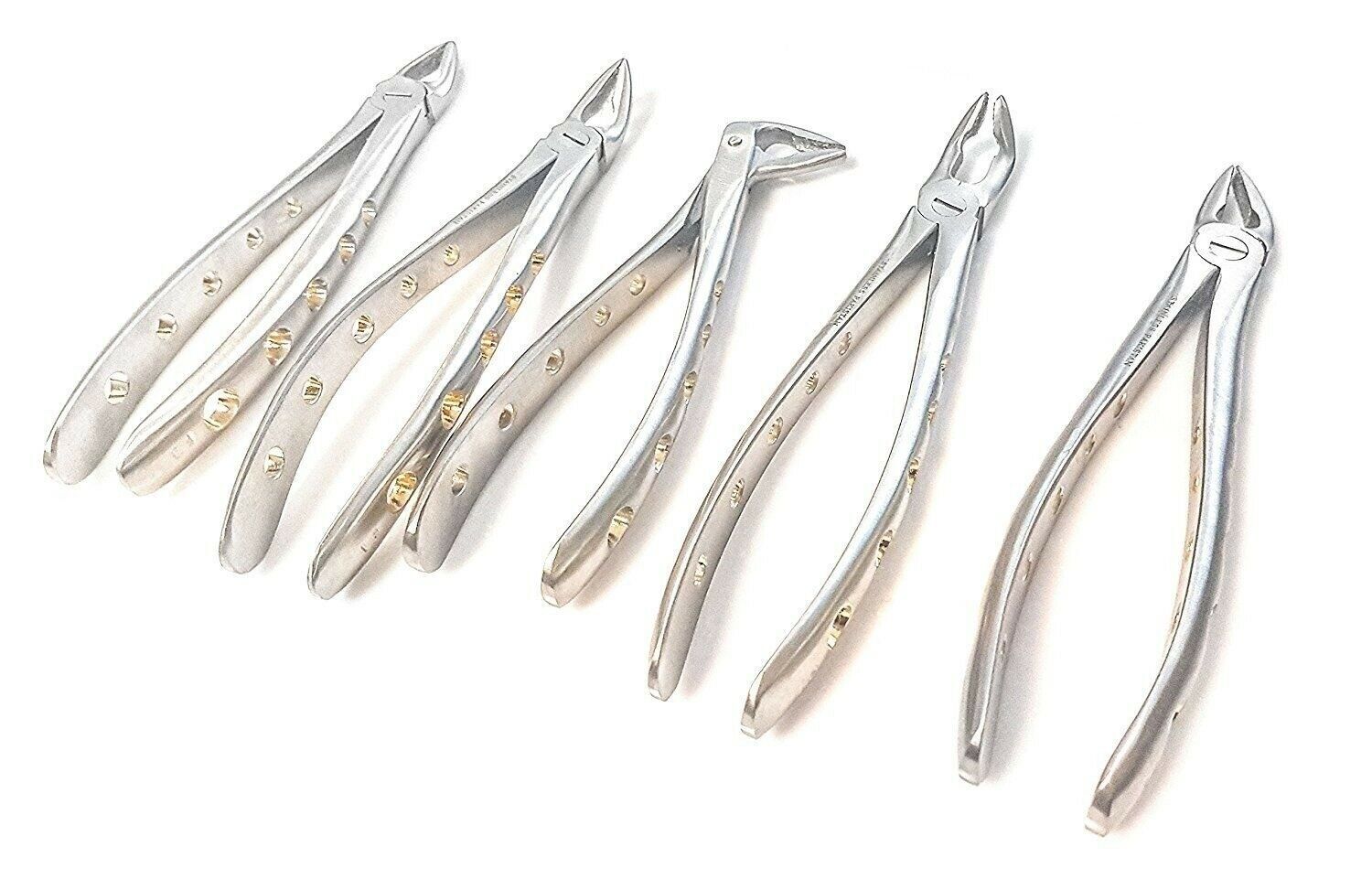 5 Pc Dental Extracting Forceps F1, 2,3,4,7 Diamond Dusted Gold Handle German GR