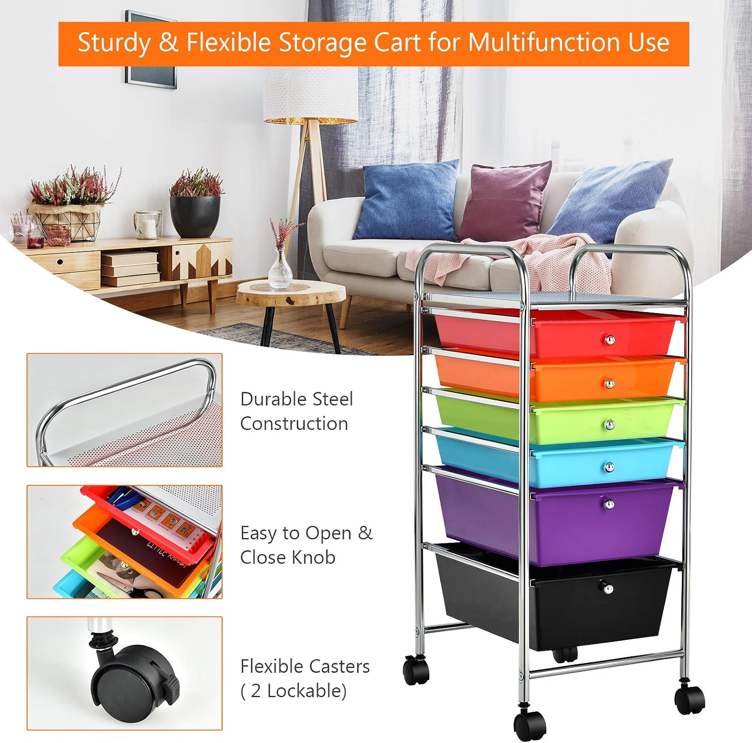 Multicolor 6-Drawer Rolling Storage Cart – Mobile Organizer for Home & Office