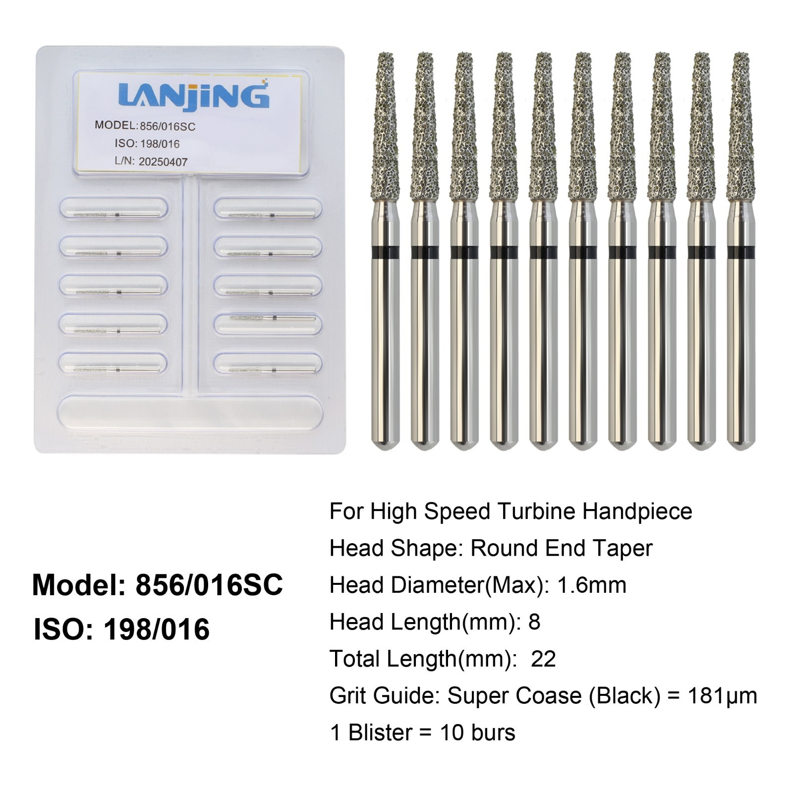 Dental Diamond Burs Football Round End Taper Coarse Fine FG High Speed 856 850