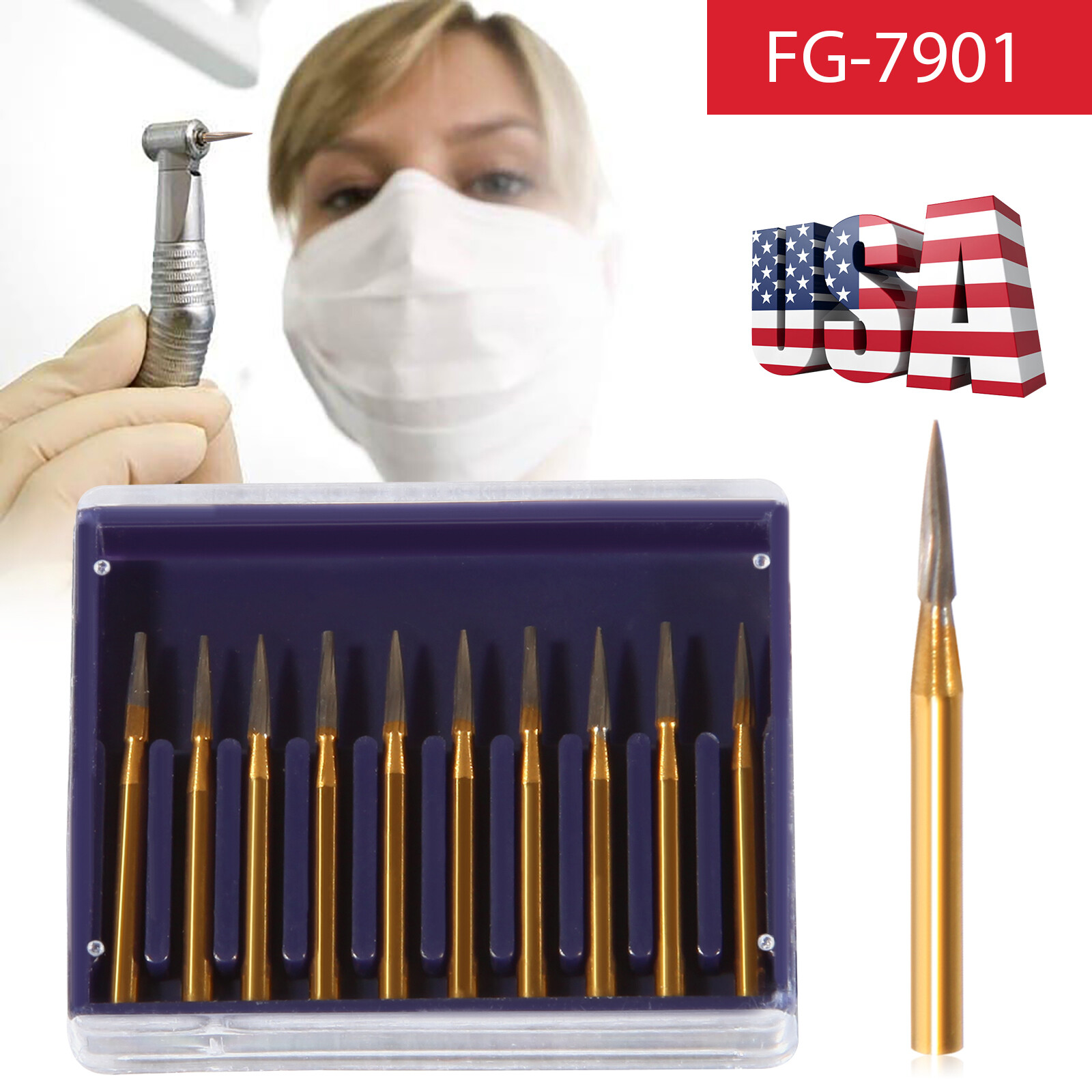 Dental Tungsten Carbide Gold Bur Trimming & Finishing &Polishing Flame FG7901 DL
