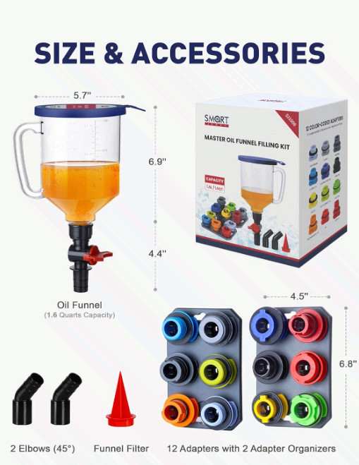 Spill-Proof Oil Funnel Kit w/ 12 Adapters, Magnetic Boards, Valve, Universal Fit