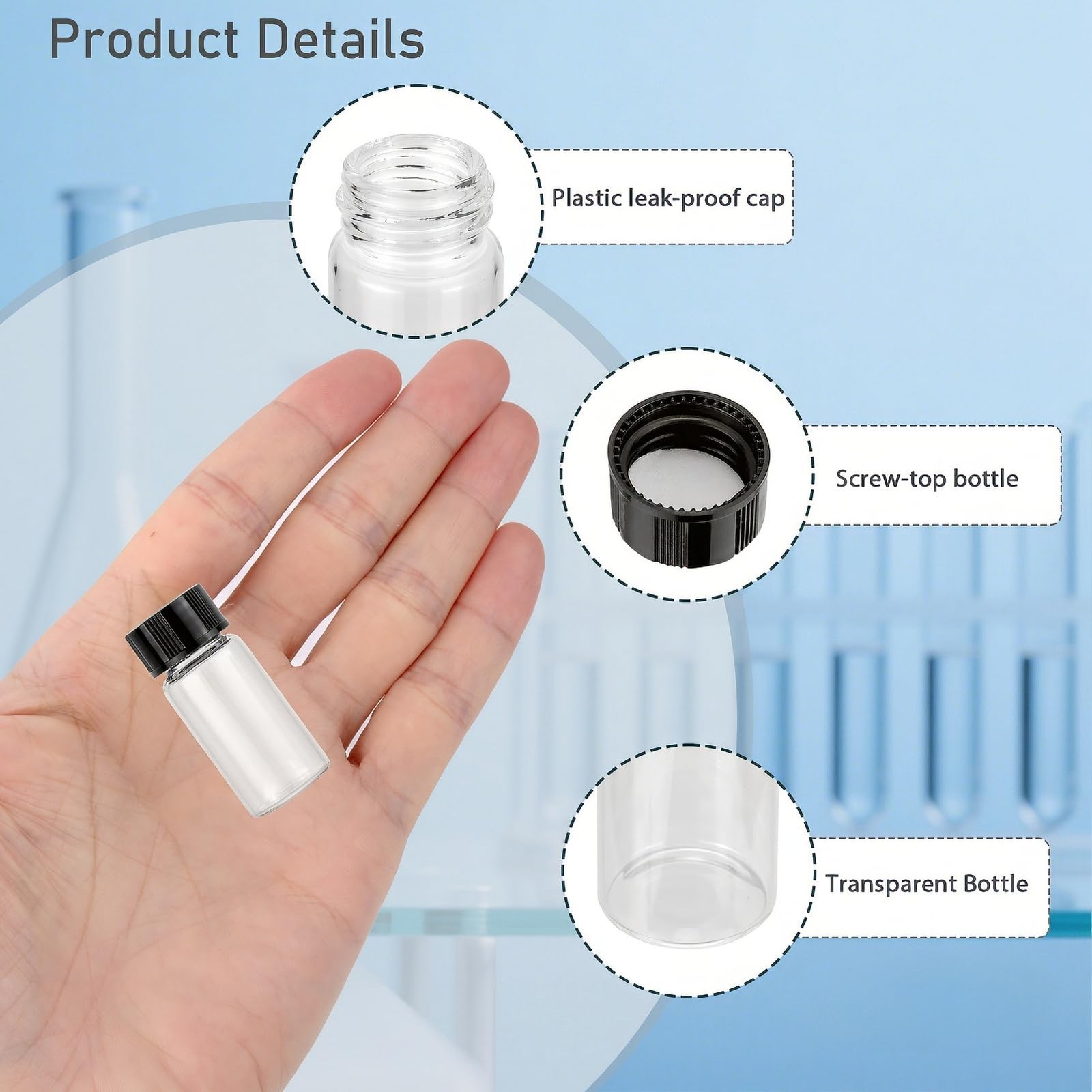 10Pcs 5ml Small Clear Glass Lab Sample Vials with Black Screw Caps