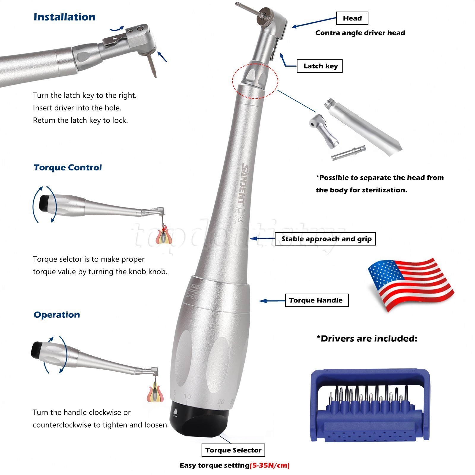 Universal Dental Implant Kit Torque Wrench Contra Angle Handpiece & 16 Drivers S