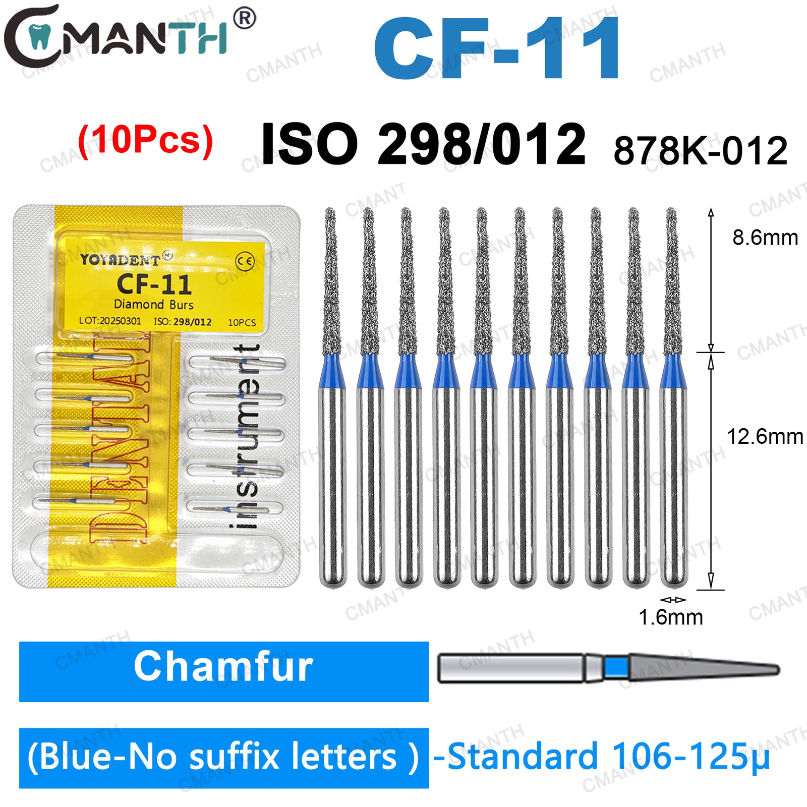 Dental Diamond FG High Speed Burs Friction Grip 1.6MM Bur 878K-012 Standard Grit