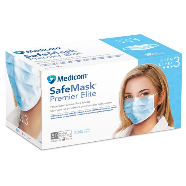 Medicom Medicom SafeMask Premier Elite ASTM Level 3 Earloop Mask, Blue, 50/Box