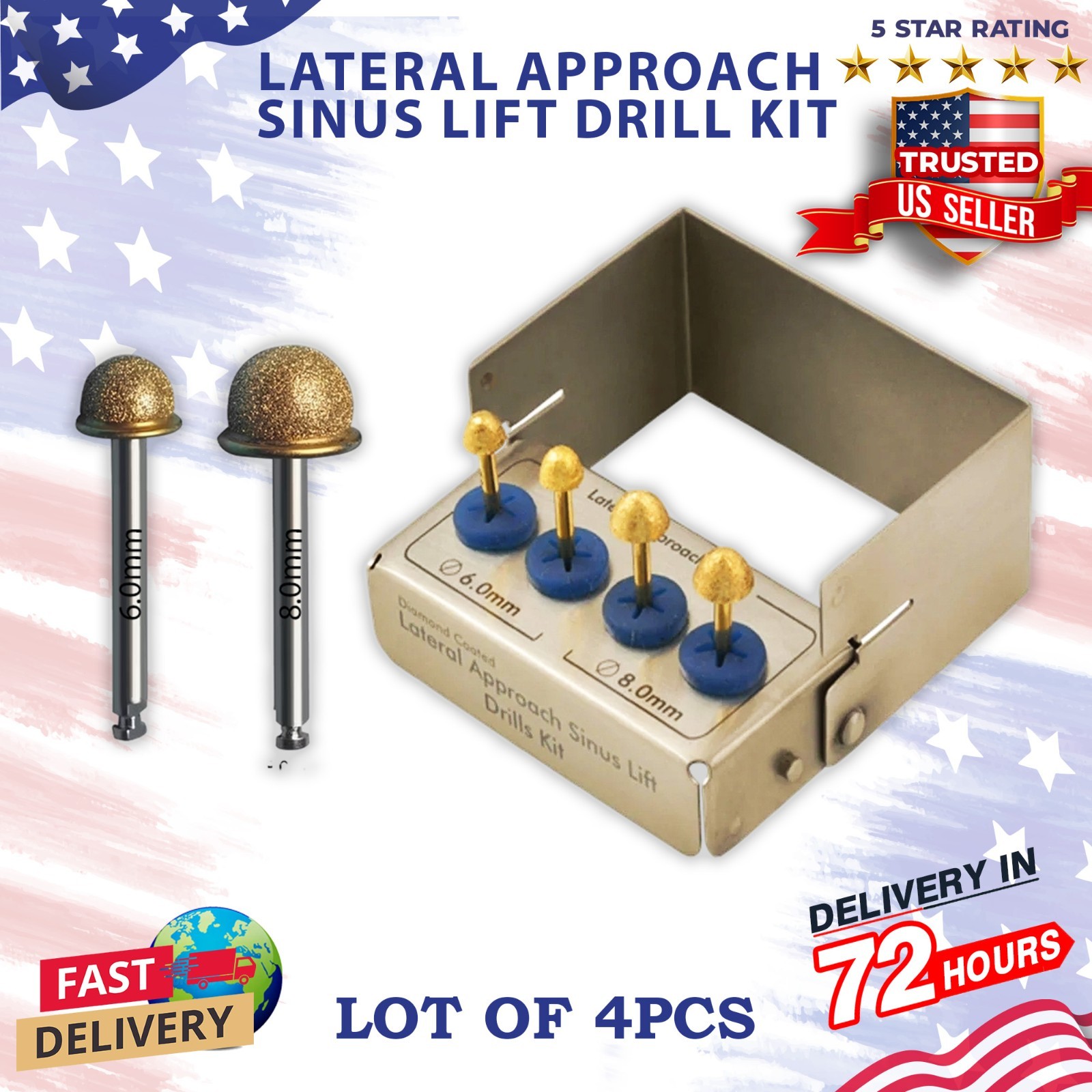 Dental Lateral Approach Sinus Lift Burs Kit Metal Diamond Coated Bur Tool 4 Pcs