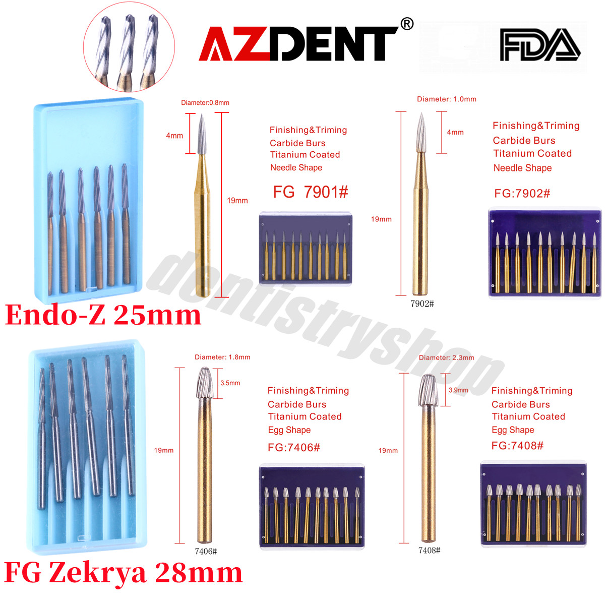 AZDENT Dental Trimming & Finishing Gold Burs Carbide Burs FG 7901/7902/7406/7408