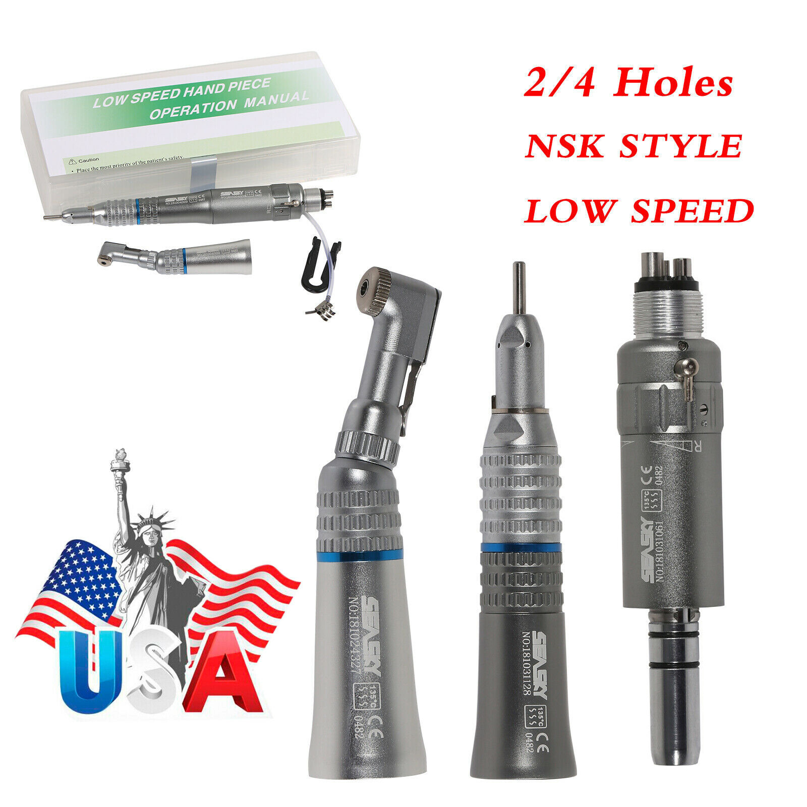 NSK Style Dental Slow Low Speed Contra Angle Straight Air Motor Handpiece 4 Hole