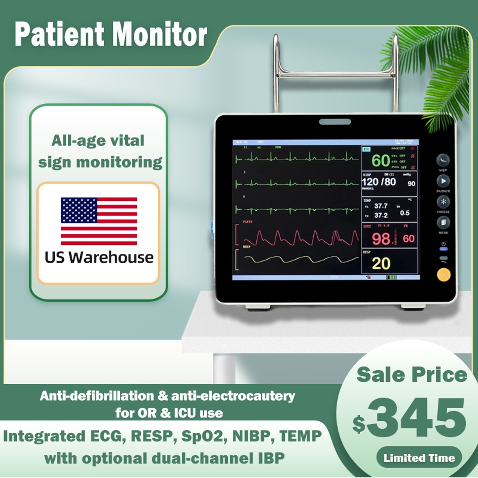 8″ Portable 5-Parameter Patient Monitor Vital Signs ECG NIBP SpO2 RESP TEMP